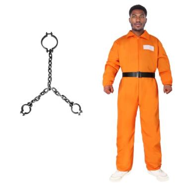 Imagem de YOYEMAM Prisoner Jumpsuit with Belt and Upper body Handcuffs, Orange Prison Inmate Outfit Men Adult Halloween Inmate Onesie (Small)