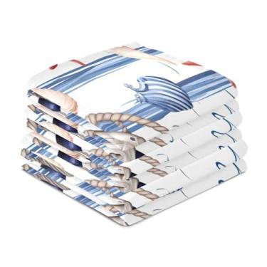 Imagem de Wassud Toalhas de cozinha de estrela do mar e concha listradas panos de prato de cozinha pacote com 6 panos de prato macios com laço para pendurar toalha de mão de secagem rápida super absorvente