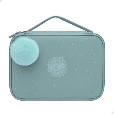 Imagem de Estojo Escolar Box Grande, com Pompom, Glitter, Alça e Zíper, 29 Elásticos para canetas, lapiseiras ou lápis | Volta as Aulas, Material Escolar, Papelaria Fofa Criativa 23x15cm (Verde Acinzentado)