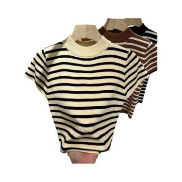 Imagem de Suéter Feminino Slim Fit Com Gola Alta Listrada, Manga Curta, Top De I