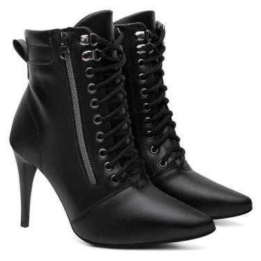Imagem de Bota Feminina Bico Fino Salto Alto com Amarração de Cadarço Frontal Es