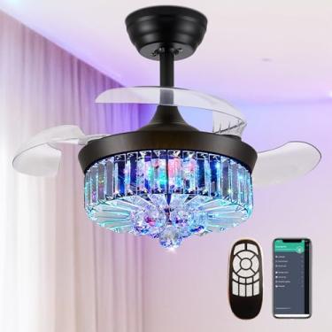 Imagem de Zynfandor Ventilador de teto RGB de 76.2 cm com luz, ventilador retrátil de lustre de cristal, ventilador de teto regulável por LED e controle remoto de aplicativo para sala de estar, sala de jantar