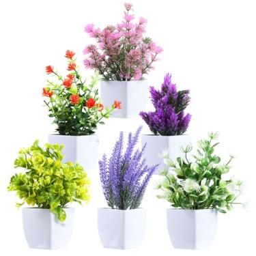Imagem de Clearain Pacote com 6 mini plantas artificiais em vasos para decoração de casa, escritório, mesa, sala de fazenda, decoração de banheiro (cor mista)
