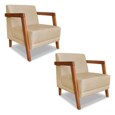 Imagem de Kit 02 Poltronas Decorativa Natália Linho Dourado Base Em Madeira Castanho - Pallazio