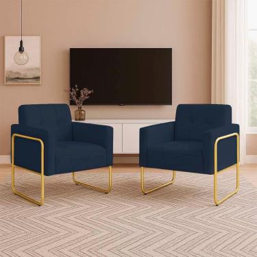 Imagem de Poltrona Sala Industrial Alta Tubo Dourado Kit 2 Elisa Suede D03 - D'rossi Cor Azul Marinho