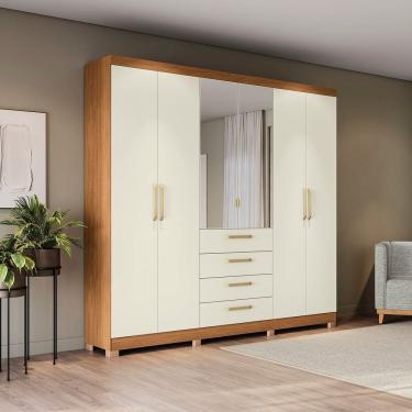 Imagem de Guarda-roupa 6 Portas e 4 Gavetas com Espelho e Pés de Madeira Open Canela/Off White