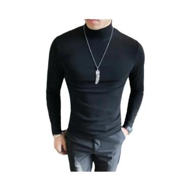 Imagem de Camiseta Masculina De Manga Longa Com Gola Alta, Ajuste Slim, Cor Sóli