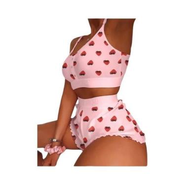 Imagem de Conjunto De Pijama Sexy Feminino 2 Peças Com Estampa, Camisola, Top E 
