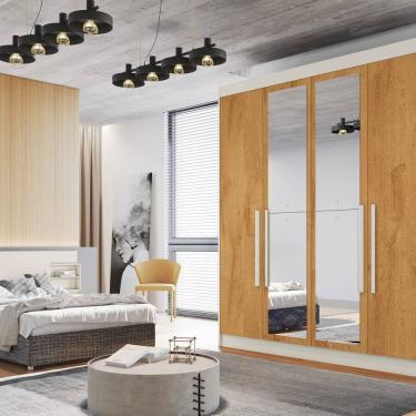 Imagem de Guarda Roupa Solteiro com Espelho 4 Portas 3 Gavetas Nantes Off White/Peroba