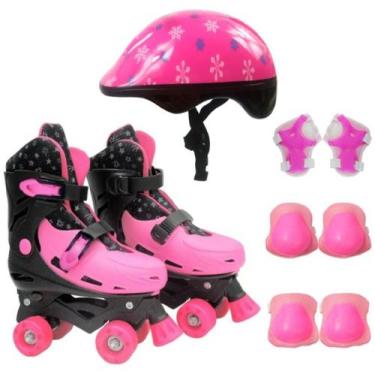 Imagem de Patins Infantil Menina Rosa Lançamento 4 Rodas Ajustável + Kit Proteçã