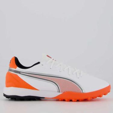 Imagem de Chuteira Puma King Match TT Society Branca e Laranja, 42