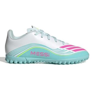 Imagem de Chuteira Society Adidas F50 Messi Club Infantil, Branco, Azul turquesa