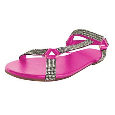 Imagem de Sandálias de dedo do pé com strass plano com tiras femininas verão lindas sandálias de verão para mulheres tamanho 8, Vermelho, 5.5