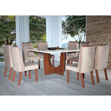 Conjunto Sala de Jantar Completa Mesa Tampo MDF Com Vidro 6 Cadeiras Noce e  Off White Olimpic Bom Pastor