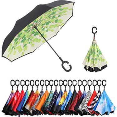Imagem de Guarda-chuva invertido de camada dupla NC Saa com alça em forma de C, guarda-chuva reto anti-UV à prova de vento à prova de vento para uso externo (folhas verdes)