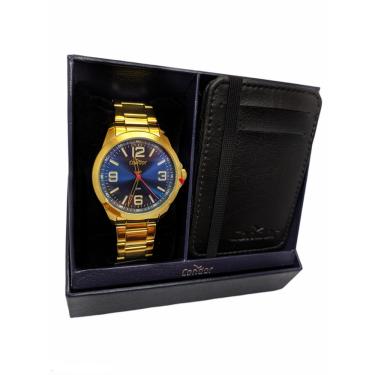 Imagem de Relógio masculino condor dourado e azul kit com porta cartão inox caixa presenteavel