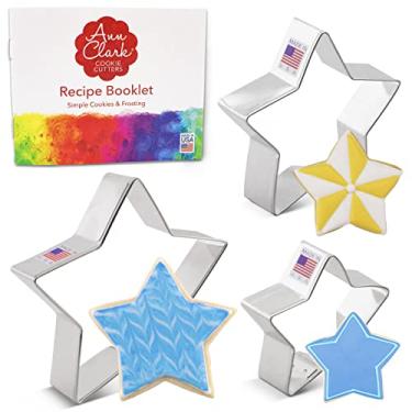 Imagem de Ann Clark Cookie Cutters Conjunto de 3 peças de cortadores de biscoito com folheto de receitas, 10 cm, 8 cm, 7 cm estrelas
