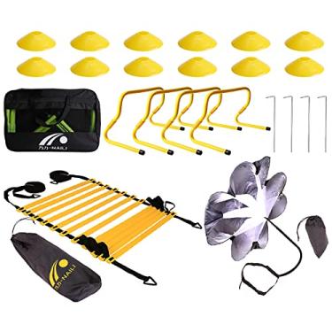 Imagem de Escada de agilidade de futebol multifuncional treinamento de velocidade conjunto de força fitness obstáculo ajustável resistência portátil cones de disco de pára-quedas com bolsa de transporte, amarelo, 6 m