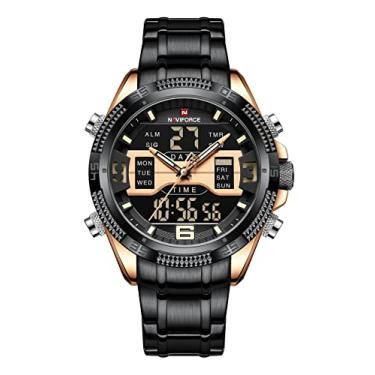 Imagem de SUKPETA Relógio masculino analógico-digital à prova d'água, esportivo, de aço inoxidável, de quartzo, militar, Dourado, preto