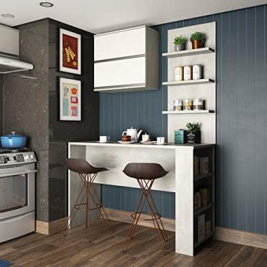 Imagem de Kit Bancada Mesa Gourmet Cozinha Concreto c/Painel e Armário Basculante Legno Crema e Linho - Luciane M01