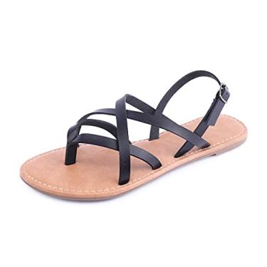 Imagem de Sandália feminina gladiadora rasteira pescador com tiras no tornozelo, Preto, 6