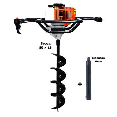 Imagem de KIT Perfurador de Solo Vulcan VPS520-S 2T 52CC 2,5HP com Broca 80x15cm + Extensão Vulcan 40cm com Pino Trava