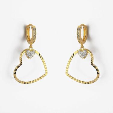 Imagem de Brincos Delicados De Argola Com Coração Trabalhado Banhado A Ouro 18k