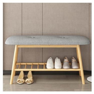 Imagem de Prateleira de sapatos banco de entrada, banco de sapateira de bambu, prateleira organizadora estofada com assento almofadado, estilo simples, bom rolamento de carga, ideal para entrada, corredor, sala
