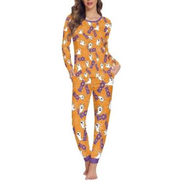 Imagem de Gzzxiailg Conjunto de pijama feminino casual de 2 peças com mangas compridas e calças de lounge com bolsos estilosos, Fantasma, GG