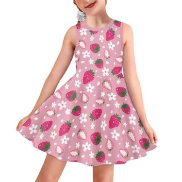Imagem de Sprowallow Vestido feminino sem mangas de verão com gola redonda estampado para crianças regata vestidos florais na moda, Flor de cerejeira de morango, 9-10 Anos