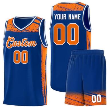 Imagem de Camisa masculina personalizada de basquete juvenil uniforme de treino uniforme impresso personalizado nome do time logotipo número, Azul e laranja - 01, One Size