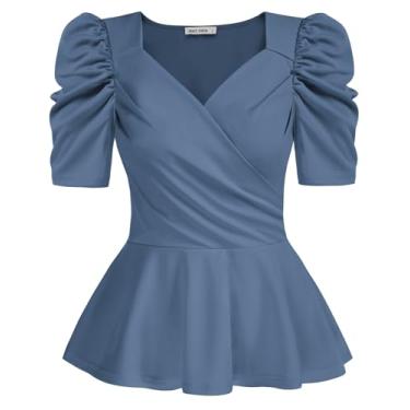 Imagem de GRACE KARIN 2024 Tops femininos de verão elegante peplum top envoltório gola V bufante manga curta blusas tops, Cinza e azul, GG