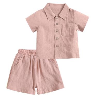 Imagem de SEAUR - Conjunto de roupas de verão para meninos e meninas, 2 peças, camisa de linho de algodão, manga curta, abotoada, roupas infantis casuais, rosa, 3-4 Anos