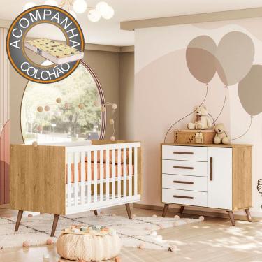 Imagem de Quarto de Bebê com Berço Americano 3820 e Cômoda Infantil 3825 Qencanto Retrô Qmovi Freijó Branco Acetinado + Colchão Gazin