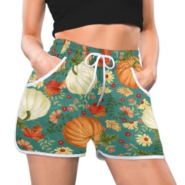 Imagem de Shorts atléticos femininos para o dia de Ação de Graças, outono, flores, abóbora, verão, casual, atlético, confortável, secagem rápida, academia, treino, Multi, G