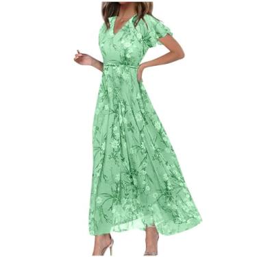 Imagem de LEKODE Vestidos de verão para mulheres, rodados, cintura elástica, manga curta, gola V, floral, vestido midi casual primavera, Verde, GG