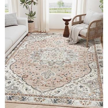 Imagem de befbee Tapetes de área de 15 x 23 cm para sala de estar – Tapete lavável resistente a manchas – Tapetes antiderrapantes para quarto – Vintage Boho Persa Grande são tapete (Rosa/Cinza, 18 x 23 cm)