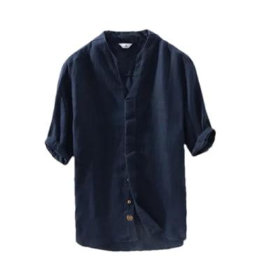 Imagem de Camisetas masculinas de verão de manga curta de linho slim estilo fino casual branco sólido roupas masculinas vintage, 3311 Azul marinho, GG