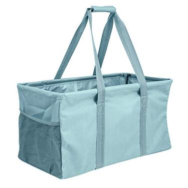 Imagem de Bolsa utilitária extra grande – cesta de lona retangular grande dobrável com dois bolsos externos para praia, piscina, lavanderia, porta-malas, armazenamento – azul claro