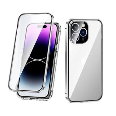 Imagem de KOMISS Capa para iPhone 14Pro Max/14 Pro/14 Plus/14, moldura magnética de metal dupla face, vidro temperado transparente à prova de choque com capa de proteção para câmera fina, prata, 14 Pro 6,1