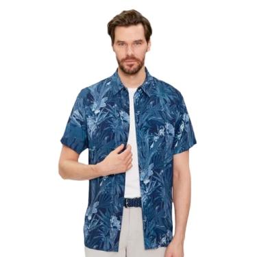 Imagem de GUESS Camisa tropical masculina de manga curta Eco Rayon, Estampa tropical gravada, azul, P