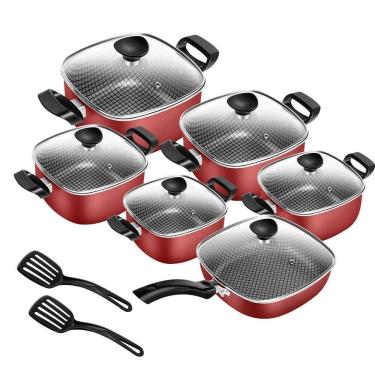 Imagem de Jogo De Panelas Antiaderente Quadradas Com Frigideira Número 23 Vermelho Tampa De Vidro Temperado 6 Peças Patolux