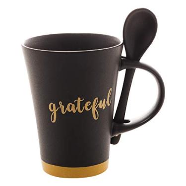 Imagem de WOLFF - Caneca Cerâmica C/Colher Grateful Preto Matt/Amarelo 310Ml