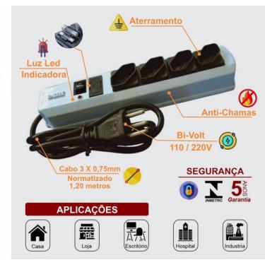 Imagem de extensão filtro de linha 4 tomadas - 1,2 metros com fusível - ecostik