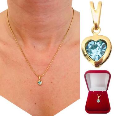 Imagem de Pingente Feminino Coração Azul em Zircônia Cravejada Folheada a Ouro 1