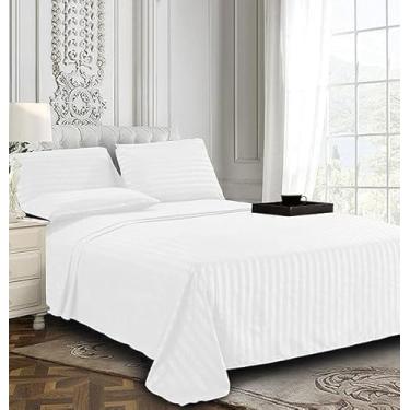 Imagem de Lençol de cama 100% algodão listrado de cetim, 400 fios de algodão premium para casa, hotéis e pousadas, resorts etc. com 2 fronhas (branco, King 274 x 274 cm)
