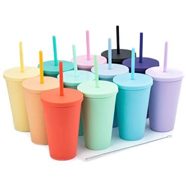 Imagem de Copos com tampas (pacote com 12) Copos de acrílico coloridos de 473 ml com tampas e canudos | Copos de plástico fosco de parede dupla com limpador de canudo ! Presentes DIY personalizáveis de vinil (sortidos)