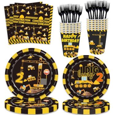 Imagem de 100 Pcs Construction 2nd Birthday Party Supplies Dump Truck Theme Two Decorations Tableware Includes Plates, Cups, Napkins for Boys Construction Two Years Old Birthday Party Decorations Favors
