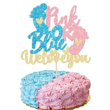 Imagem de Gyufise 1 Pack Glitter Pink or Blue We Love You Cake Topper with Footprint Gender Reveal Cake Decorations for Baby Shower Gender Reveal Theme Kids Boys Girls Birthday Party Decoration Supplies