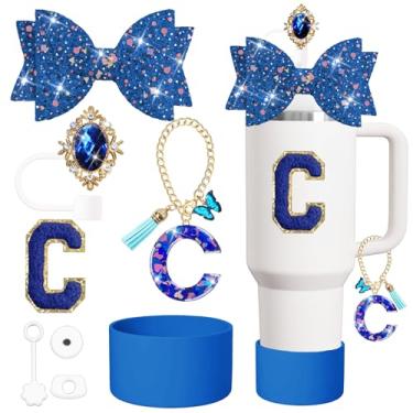 Imagem de XIANGYUAN Conjunto de acessórios para copos Stanley de 8 peças, incluindo tampa e bota de cobertura de palha de silicone, tampa à prova de derramamento, pingente de alça, adesivo Lette (azul escuro C)